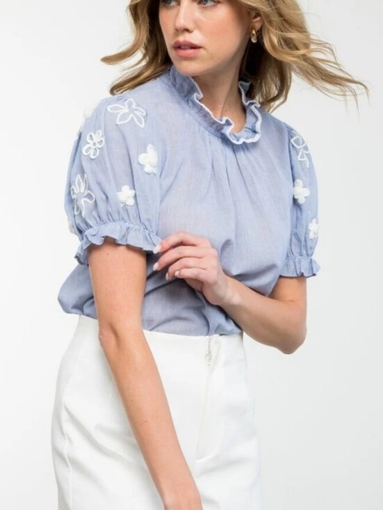 THML Tops - THML Light Blue Ruffled Mock Neck Embroidered Sleeve Blouse